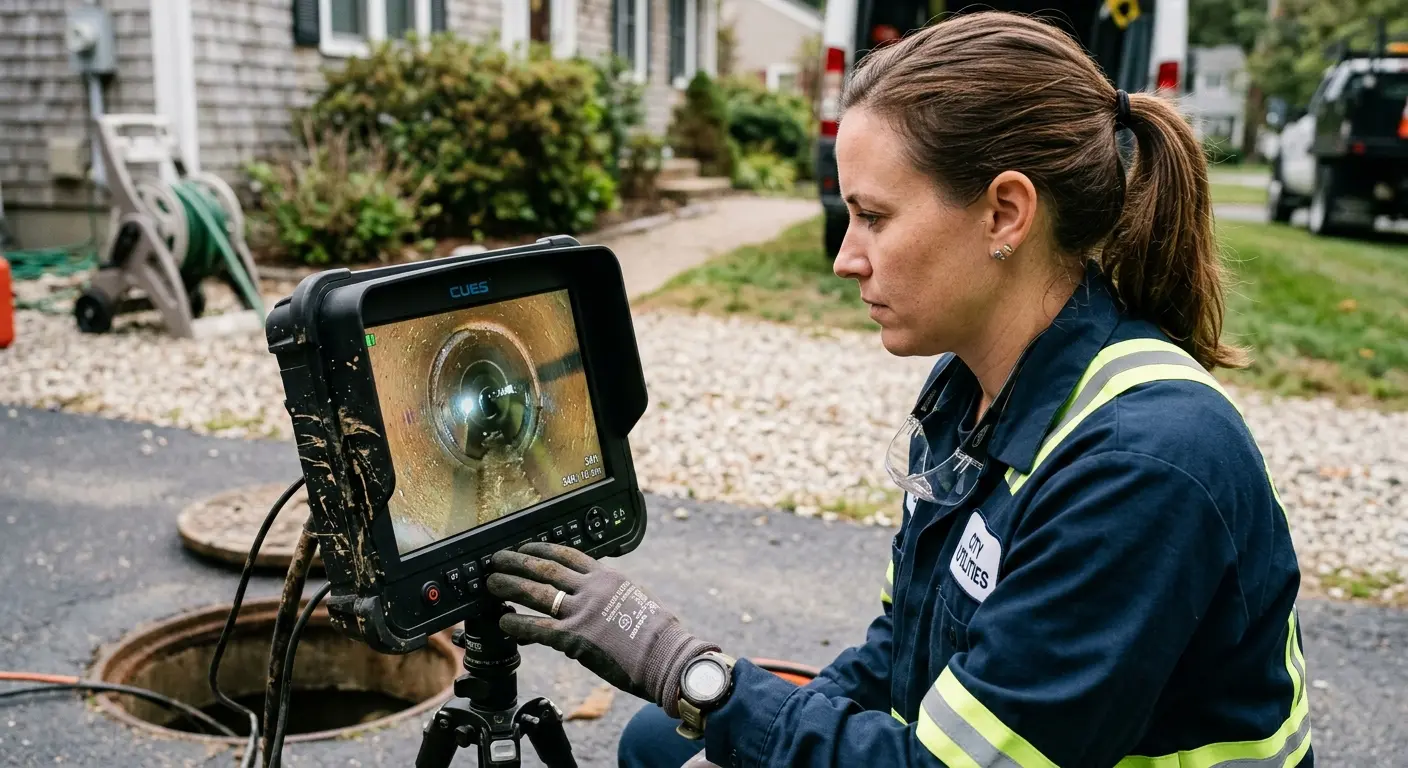 Technician reviewing sewer camera inspection footage in Dundee