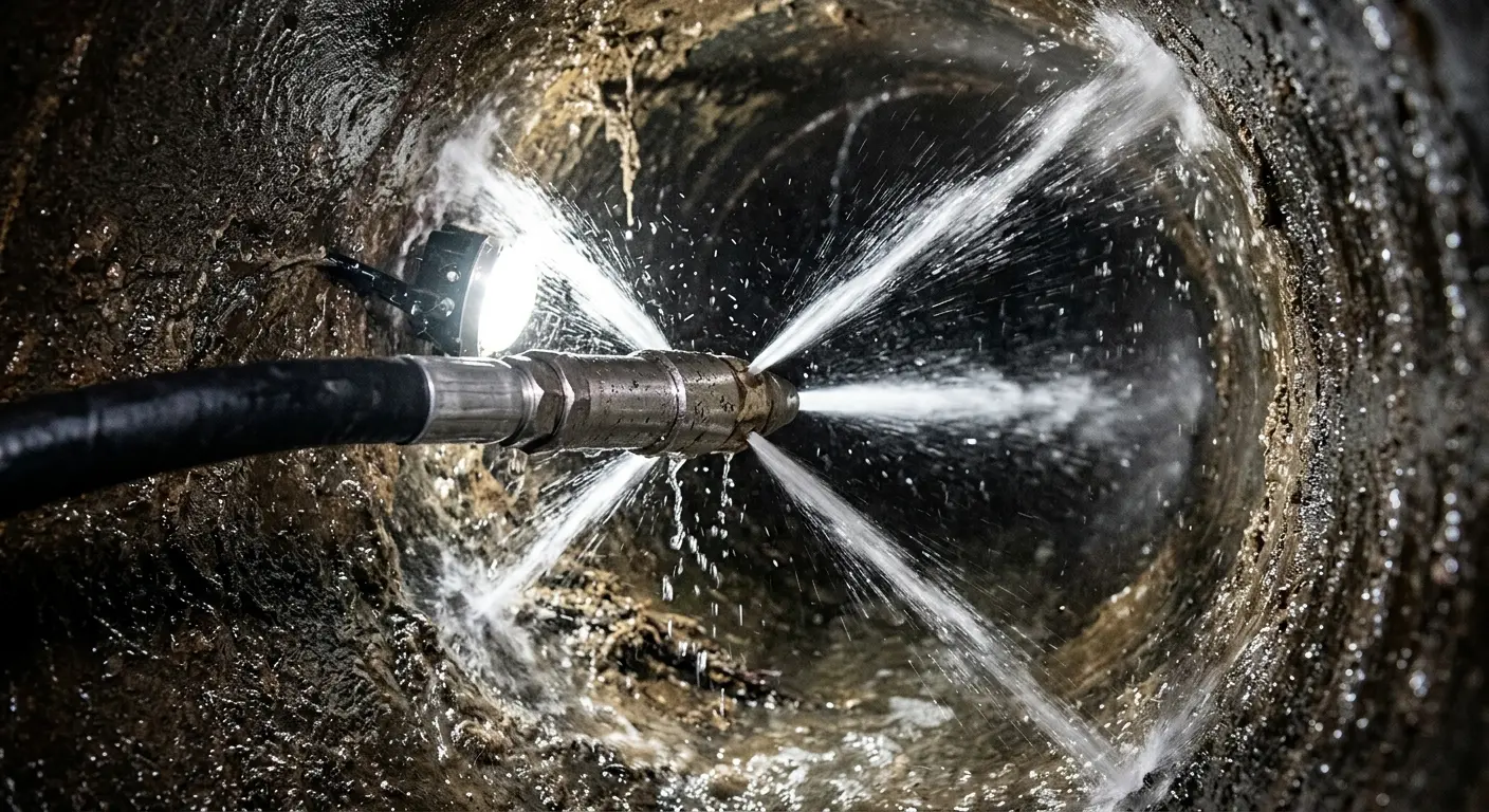 High-pressure hydro jetting nozzle cleaning sewer pipe for Emergency Drain Service in Dundee