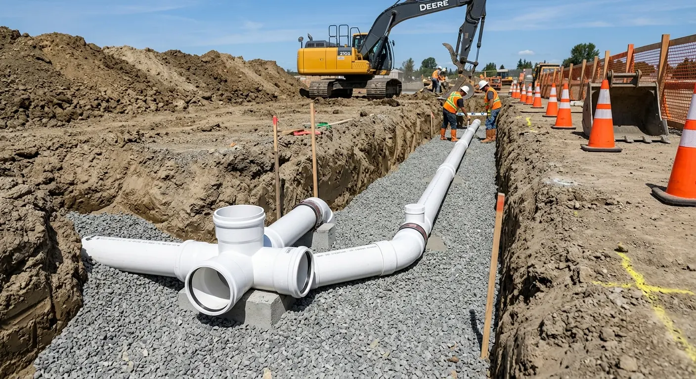 New PVC sewer pipe installation in open trench for Commercial Drain Cleaning in Dundee