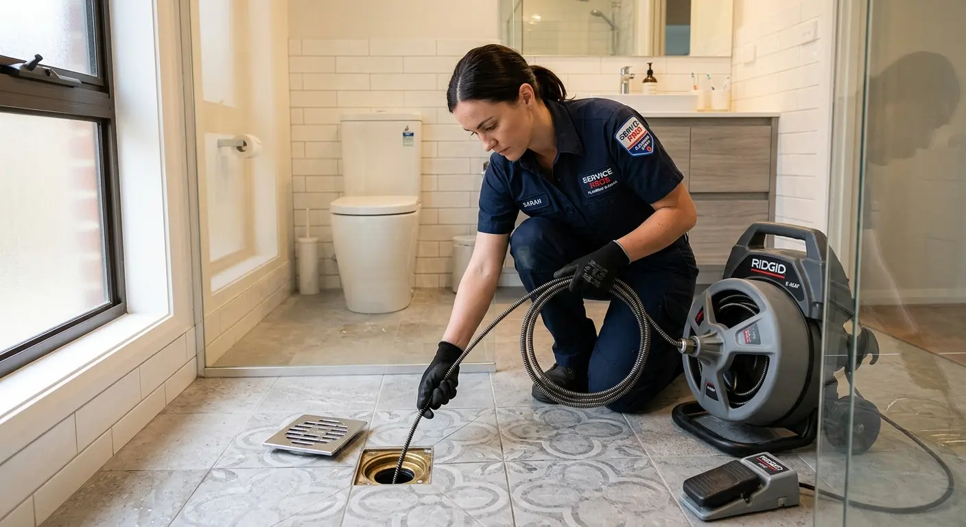 Technician clearing a bathroom floor drain for Hydro Jetting in Dundee